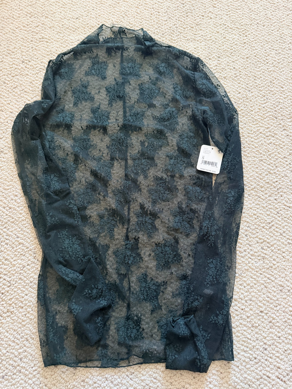 Free People Intimately Sheer Lace Mock Neck Top Forest Pine Green Womens S NWT